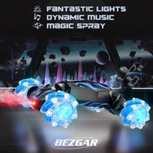 BEZGAR Remote Control Car - Gesture RC Car with Lighting, Sound & Smoke Effects, 2.4Ghz Hand Controlled RC Stunt Car for Kids, Indoor/Outdoor Rechargeable Toy Cars Birthday Gifts for Boys & Girls-Blue