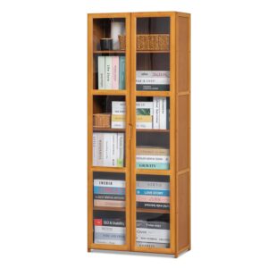 magshion bamboo 6-tier shelf living room storage tall bookcase cabinet with clear doors, brown 23.5" l x 11.9" w x 59.1" h home office multipurpose tower media organizer bookshelf