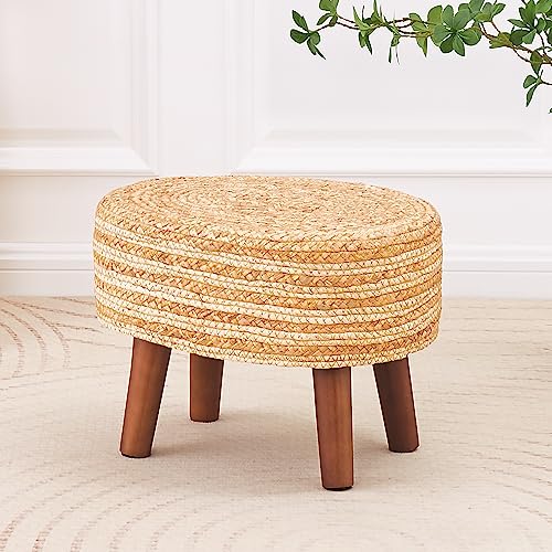 Cpintltr Pouf Ottoman Natural Water Hyacinth Footrest Pouffe Hand Weave Seagrass Boho Ottomans Footstool with Non-Skid Pine Legs for Bedroom Living Room Patio White