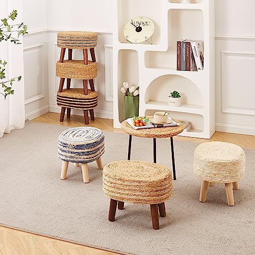 Cpintltr Pouf Ottoman Natural Water Hyacinth Footrest Pouffe Hand Weave Seagrass Boho Ottomans Footstool with Non-Skid Pine Legs for Bedroom Living Room Patio White