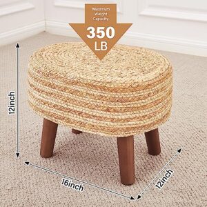 Cpintltr Pouf Ottoman Natural Water Hyacinth Footrest Pouffe Hand Weave Seagrass Boho Ottomans Footstool with Non-Skid Pine Legs for Bedroom Living Room Patio White