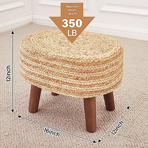 Cpintltr Pouf Ottoman Natural Water Hyacinth Footrest Pouffe Hand Weave Seagrass Boho Ottomans Footstool with Non-Skid Pine Legs for Bedroom Living Room Patio White