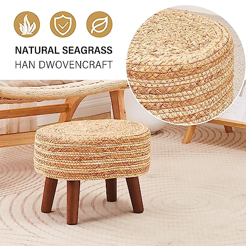 Cpintltr Pouf Ottoman Natural Water Hyacinth Footrest Pouffe Hand Weave Seagrass Boho Ottomans Footstool with Non-Skid Pine Legs for Bedroom Living Room Patio White