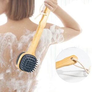 Two-In-One Silicone Bath Scrub Brush Soft Dual-Sided Back Scrubber Body Brush with Long Handle for Wet Dry Brushing for Men and Women