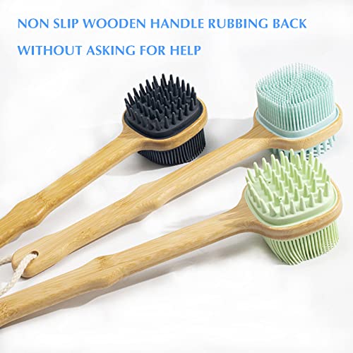 Two-In-One Silicone Bath Scrub Brush Soft Dual-Sided Back Scrubber Body Brush with Long Handle for Wet Dry Brushing for Men and Women