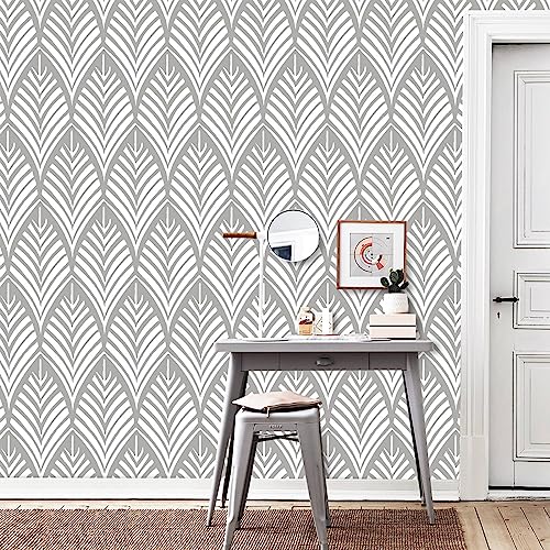 Yun-aeon Modern Silver Leaf Peel and Stick Wallpaper Contact Paper 17.7“ X 120“ Geometric Silver Boho Print Wallpaper Peel and Stick Self Adhesive Wallpaper Removable Wallpaper