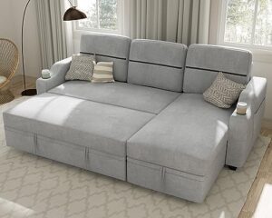 ucloveria reversible sectional sofa couch, 82" sleeper sofa bed with storage chaise pull out couch bed for living room l-shape lounge 2 in 1 futon sofa with two cup holder, grey