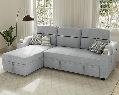 Ucloveria Reversible Sectional Sofa Couch, 82" Sleeper Sofa Bed with Storage Chaise Pull Out Couch Bed for Living Room L-Shape Lounge 2 in 1 Futon Sofa with Two Cup Holder, Grey