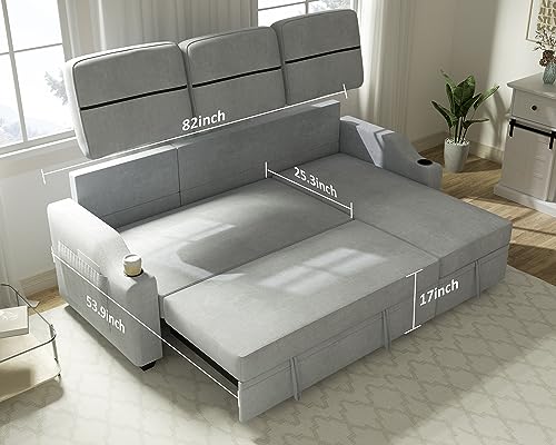 Ucloveria Reversible Sectional Sofa Couch, 82" Sleeper Sofa Bed with Storage Chaise Pull Out Couch Bed for Living Room L-Shape Lounge 2 in 1 Futon Sofa with Two Cup Holder, Grey