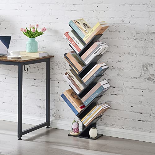 Hoctieon 10 Tier Tree Bookshelf, 10 Shelf Bookcase, Free Standing Tree Bookcase, Display Floor Standing Shelf for Books, Book Organizer Shelves for Home Office, Living Room, Bedroom, Black