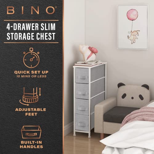 BINO 4-Drawer Narrow Fabric Dresser Storage Tower, Light Grey | Closet Organizer Unit | Bedroom Storage Organizer | Drawer & Dresser Furniture | Organizing Drawer for Nursery Hallway Entryway Room