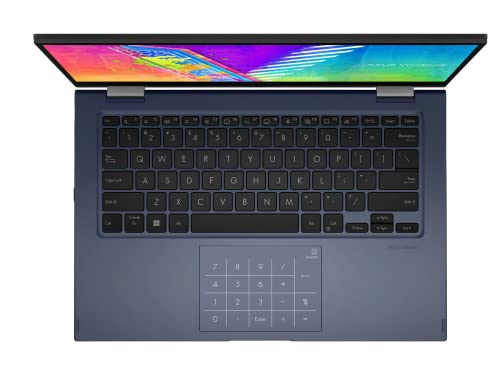 ASUS VivoBook Go 14 Flip 2-in-1 Touch Laptop - 2022 Model: Thin, Light, and Versatile with Intel Celeron Processor, 4GB RAM, 64GB eMMC, Intel HD Graphics, HD Webcam, Quiet Blue, Windows 11 S, and Bonus 128GB USB Card.