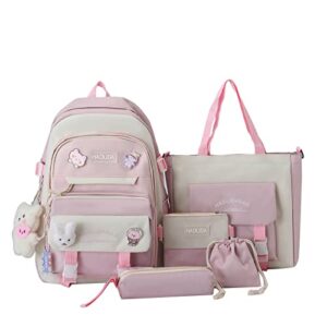 AG AGUU Kawaii Backpack with Pendants and Pins Accessories 5Pcs Sets Rucksack bag for Women Aesthetic Canvas Daypack(Pink)