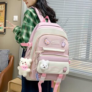 AG AGUU Kawaii Backpack with Pendants and Pins Accessories 5Pcs Sets Rucksack bag for Women Aesthetic Canvas Daypack(Pink)