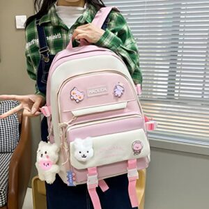 AG AGUU Kawaii Backpack with Pendants and Pins Accessories 5Pcs Sets Rucksack bag for Women Aesthetic Canvas Daypack(Pink)