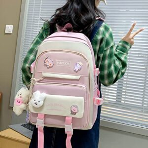 AG AGUU Kawaii Backpack with Pendants and Pins Accessories 5Pcs Sets Rucksack bag for Women Aesthetic Canvas Daypack(Pink)