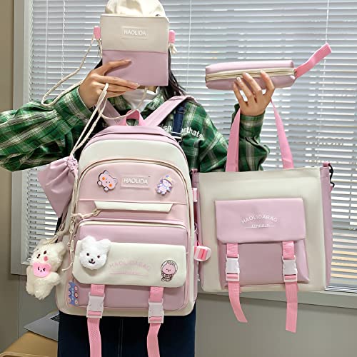 AG AGUU Kawaii Backpack with Pendants and Pins Accessories 5Pcs Sets Rucksack bag for Women Aesthetic Canvas Daypack(Pink)