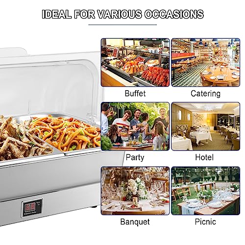 THXSUN 700W Electric Chafing Dish, 3 x 3QT Stainless Steel Chafing Dish Buffet Set with Rotary Knob to Adjust Temp 0°C~100°C, Buffet Servers and Warmers with Roll Top & Temp Display for Catering Party