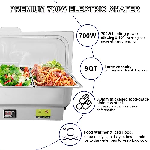 THXSUN 700W Electric Chafing Dish, 3 x 3QT Stainless Steel Chafing Dish Buffet Set with Rotary Knob to Adjust Temp 0°C~100°C, Buffet Servers and Warmers with Roll Top & Temp Display for Catering Party