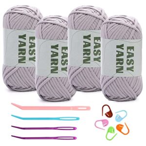 yarn for crocheting, crochet yarn, easy yarn, beginners yarn for crocheting with easy-to-see stitches, stitch marker, and elbow needle cotton yarn for crochet light grey(4x50g)