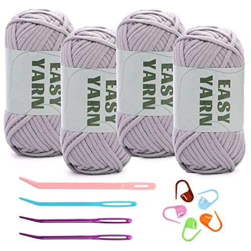 Yarn for Crocheting, Crochet Yarn, Easy Yarn, Beginners Yarn for Crocheting with Easy-to-See Stitches, Stitch Marker, and Elbow Needle Cotton Yarn for Crochet Light Grey(4x50g)