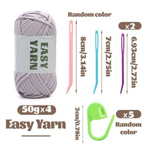 Yarn for Crocheting, Crochet Yarn, Easy Yarn, Beginners Yarn for Crocheting with Easy-to-See Stitches, Stitch Marker, and Elbow Needle Cotton Yarn for Crochet Light Grey(4x50g)