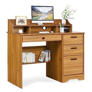 computer desk with 4 drawers and storage, small office desk with file drawers and hutch, farmhouse wood writing student table for home office, bedroom, rustic brown