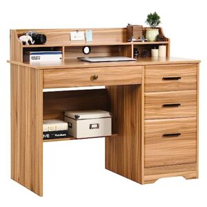 Computer Desk with 4 Drawers and Storage, Small Office Desk with File Drawers and Hutch, Farmhouse Wood Writing Student Table for Home Office, Bedroom, Rustic Brown