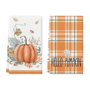 artoid mode orange watercolor stripes hello pumpkin fall kitchen towels dish towels, 18x26 inch seasonal leaves decoration hand towels set of 2