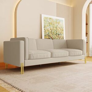 lostcat velvet sofa couch mid century modern upholstered 3-seater loveseat with armrest and stainless steel legs for living room, apartment and small space, beige