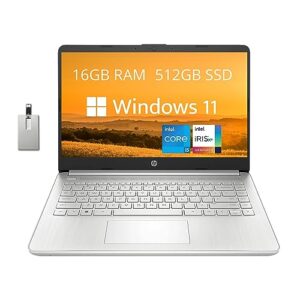 hp 2022 14" hd laptop, 11th gen intel core i5-1135g7, 16gb ram, 512gb pcie ssd, intel iris xe graphics, hd webcam, windows 11, silver, 32gb snowbell usb card