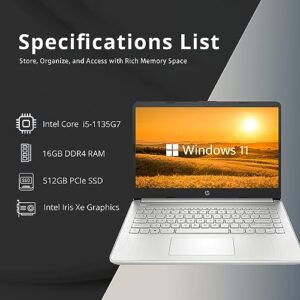 HP 2022 14" HD Laptop, 11th Gen Intel Core i5-1135G7, 16GB RAM, 512GB PCIe SSD, Intel Iris Xe Graphics, HD Webcam, Windows 11, Silver, 32GB Snowbell USB Card