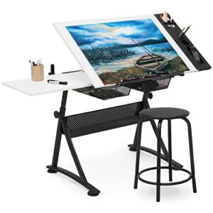 monibloom height-adjustable drafting table, tiltable tabletop drawing table adult art craft work station w/stool for reading writing painting, homeschooling desk for children with 2 storage drawers