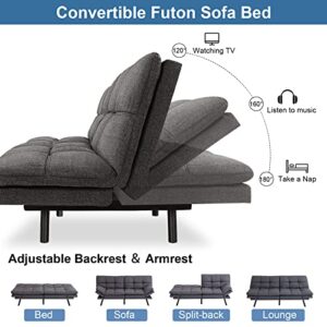 Maxspeed Futon Sofa Bed Memory Foam Couch Convertible Modern Loveseat Sleeper Sofa with Adjustable Armrests and Metal Legs,Multifunctional Futon Sofa Bed for Living Room,Office, Small Spaces(Grey)