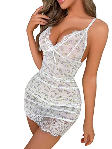 SOLY HUX Women's Floral Print Lace Trim Deep V Neck Babydoll Lingerie Chemise Nightgown with Thong 2 Piece Blue Floral M