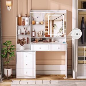 vabches vanity desk with mirror and lights,makeup vanity with 6 drawers and shelves,vanity table with power outlet,makeup desk with led lighted mirror in 3 colors,for bedroom,white