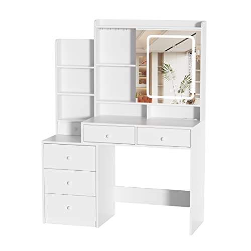 Vabches Vanity Desk with Mirror and Lights,Makeup Vanity with 6 Drawers and Shelves,Vanity Table with Power Outlet,Makeup Desk with Led Lighted Mirror in 3 Colors,for Bedroom,White