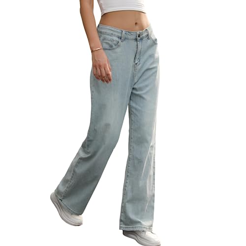 GIISAM Women's Baggy Jeans Disstressed Destroyed Vintage Pants Loose Wide-Leg High Waist Light Blue Denim Trousers