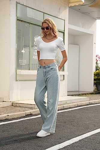 GIISAM Women's Baggy Jeans Disstressed Destroyed Vintage Pants Loose Wide-Leg High Waist Light Blue Denim Trousers