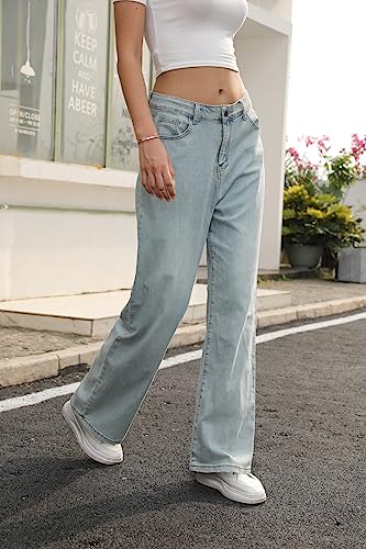 GIISAM Women's Baggy Jeans Disstressed Destroyed Vintage Pants Loose Wide-Leg High Waist Light Blue Denim Trousers