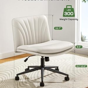 Marsail Armless-Office Desk Chair with Wheels: PU Leather Cross Legged Wide Chair,Comfortable Adjustable Swivel Computer Task Chairs for Home,Office,Make Up,Small Space,Bed Room(Light Beige)