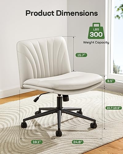 Marsail Armless-Office Desk Chair with Wheels: PU Leather Cross Legged Wide Chair,Comfortable Adjustable Swivel Computer Task Chairs for Home,Office,Make Up,Small Space,Bed Room(Light Beige)