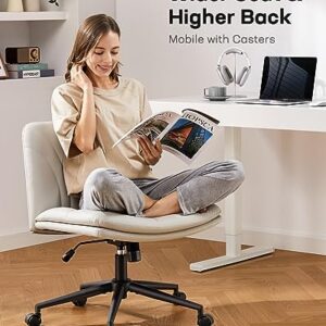 Marsail Armless-Office Desk Chair with Wheels: PU Leather Cross Legged Wide Chair,Comfortable Adjustable Swivel Computer Task Chairs for Home,Office,Make Up,Small Space,Bed Room(Light Beige)