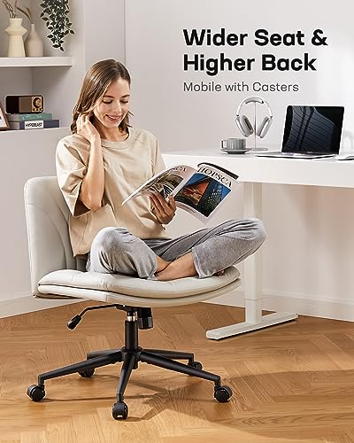 Marsail Armless-Office Desk Chair with Wheels: PU Leather Cross Legged Wide Chair,Comfortable Adjustable Swivel Computer Task Chairs for Home,Office,Make Up,Small Space,Bed Room(Light Beige)