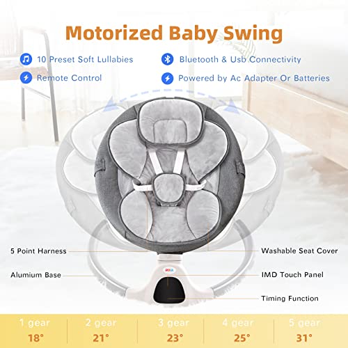 Baby Swings for Infants, Electric Portable Baby Swing for Newborn Baby, Bluetooth Touch Screen/Remote Control Timing Function 5 Swing Speeds 3 Seat Positions Baby Bouncer for Boy Girl Gray