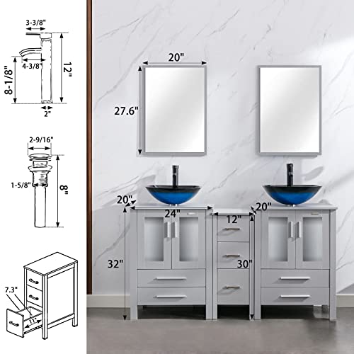 eclife 60” Bathroom Vanity Sink Combo Grey W/Side Cabinet Set Ocean Blue Square Tempered Glass Vessel Sink & ORB Water Save Faucet & Solid Brass Pop Up Drain, W/Mirrors (A04 B02G)