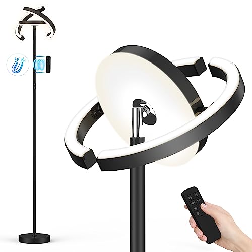 FIMEI Modern Floor Lamp, LED Bright Rotatable Ring Shaped Design Standing Lamp, Eye-Protecting Stepless Dimming, 3 Color Temperatures 3000K-6000K, Touch/Remote Control, for Living Room Bedroom Office