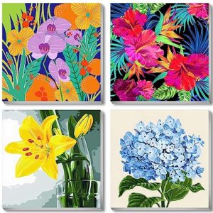 supadiya 4 pack flowers framed paint by numbers for adults beginners, diy easy acrylic watercolors number painting art with framed canvas for home wall decor (8x8 inches)