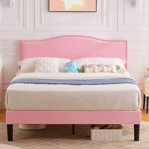 vecelo full bed frame platform bed frame with upholstered headboard, strong frame and wooden slats support, strong weight capacity, non-slip and noise-free, easy assembly,pink