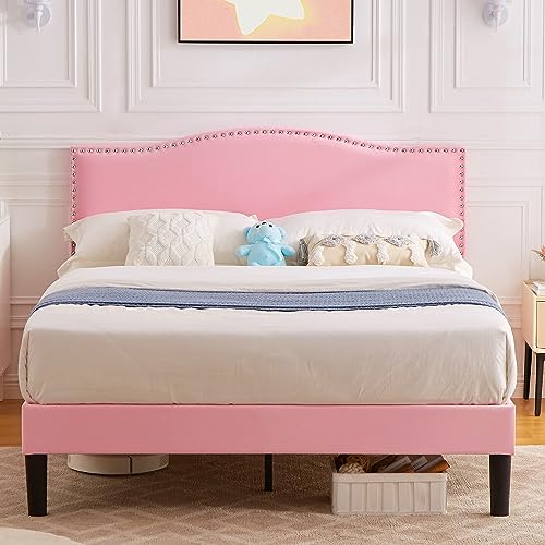 VECELO Full Bed Frame Platform Bed Frame with Upholstered Headboard, Strong Frame and Wooden Slats Support, Strong Weight Capacity, Non-Slip and Noise-Free, Easy Assembly,Pink